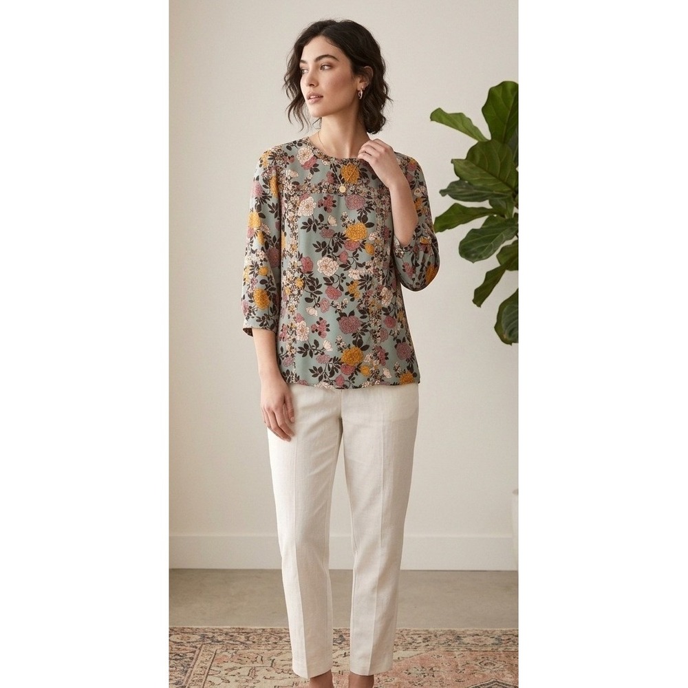 DR2 Boho Chic Cottagecore Smart Casual Sage Blue Floral Peasant Blouse L